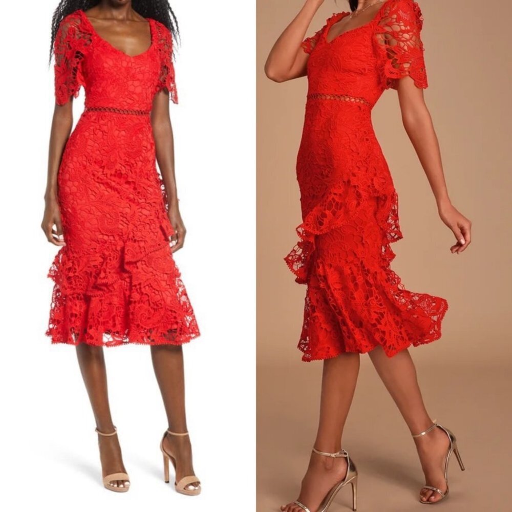 Lulus Briarwood Lace Ruffle Midi Dress Red Womens Size XS Midi Sexy Romantic NEW - Picture 2 of 10